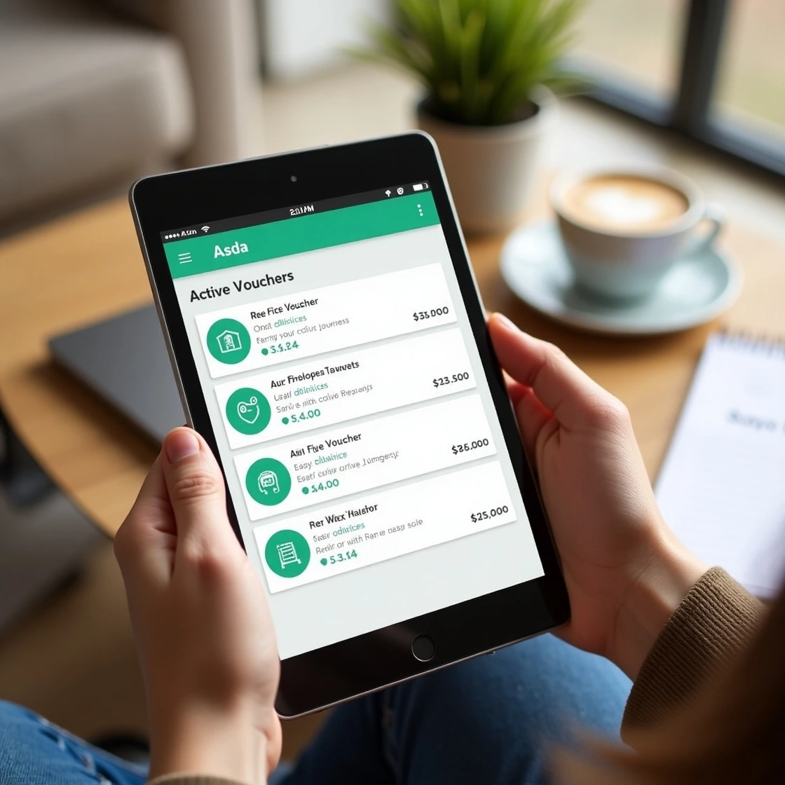 Tablet screen showing Asda app voucher balances
