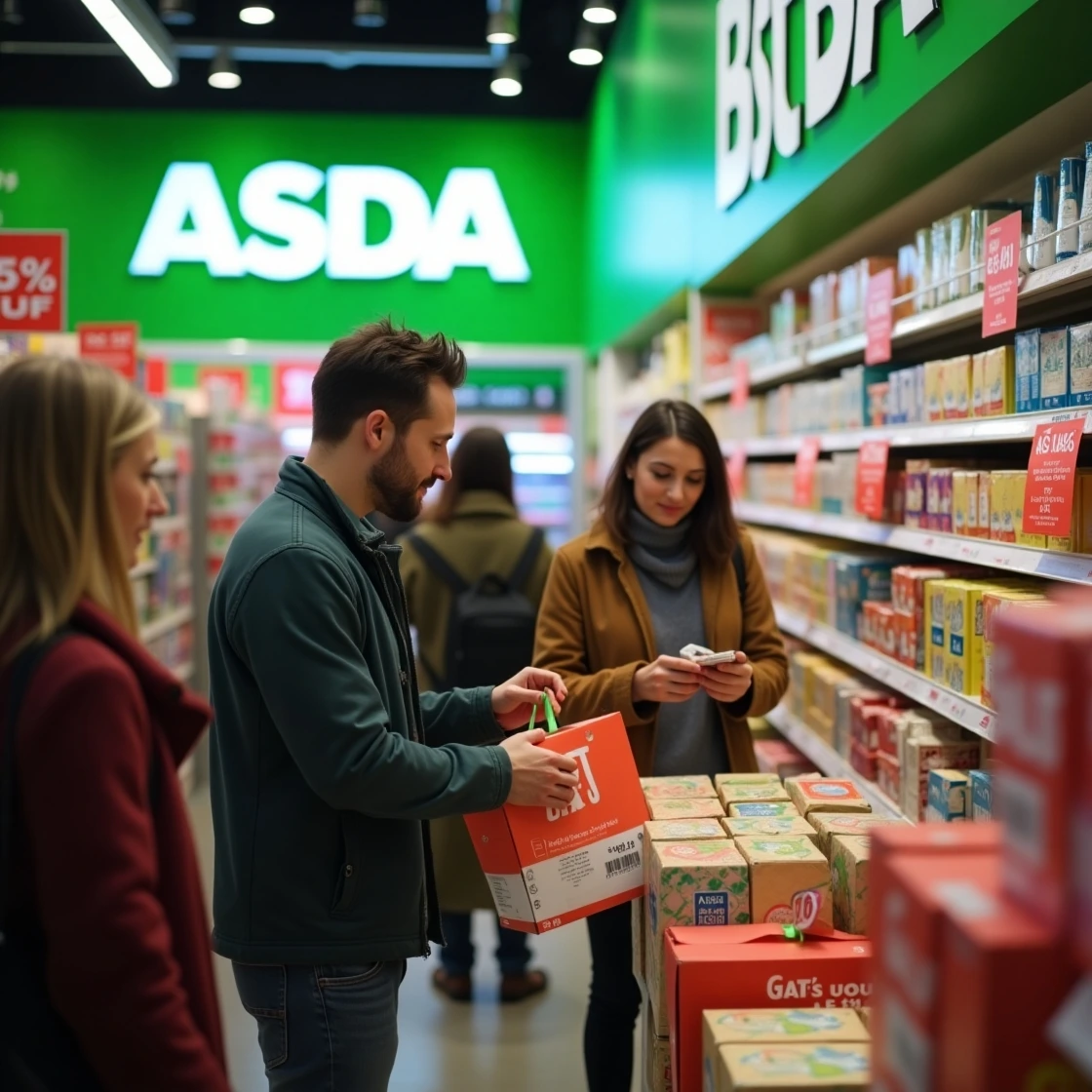 Man comparing supermarket gift cards on store shelf.
